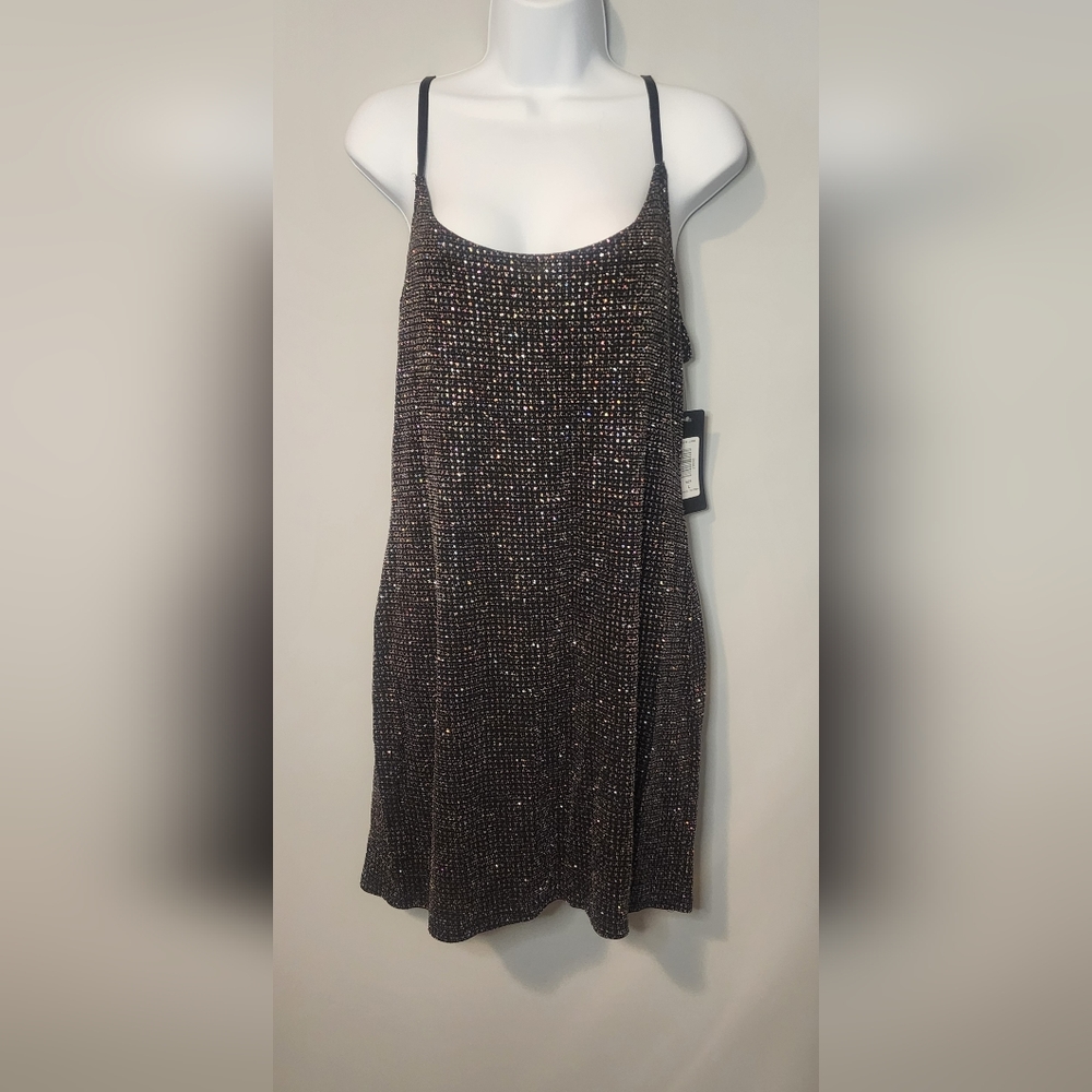 BEBE WOMEN'S DRESS METALLIC SEQUIN MINI SPAGHETTI STRAPS LARGE ADJUSTABLE NWT